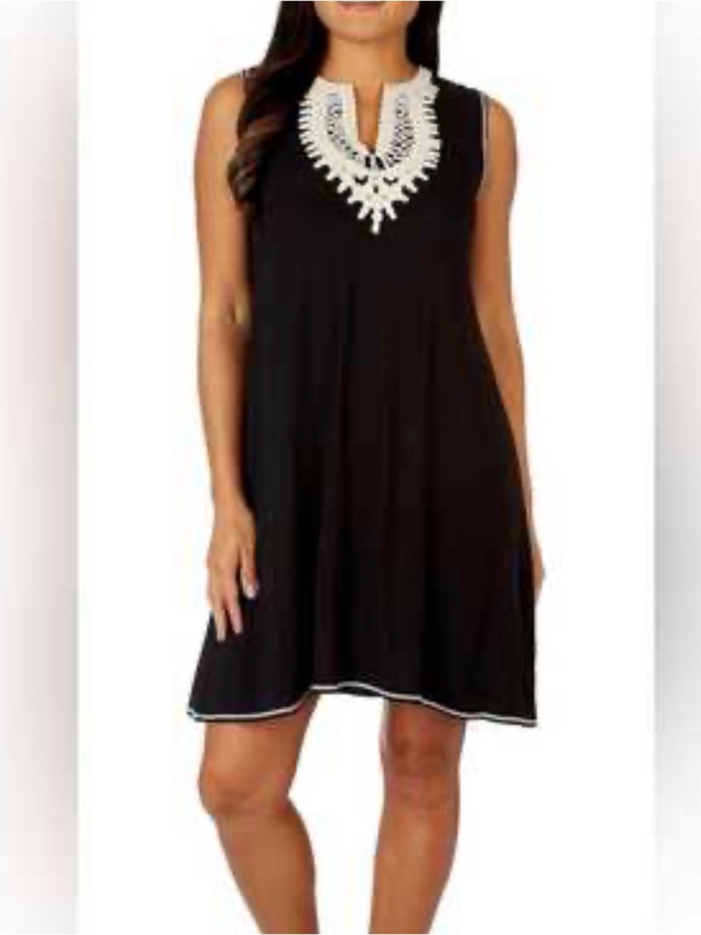 Max Studio Black Sleeveless Midi Dress with Cream Embroidered Neckline